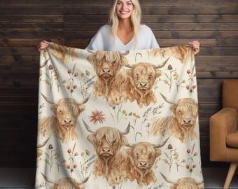 Highland Cow Velveteen Blanket: Scottish Cattle Fleece Throw