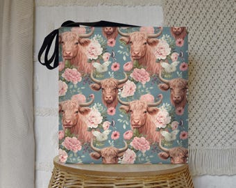 Borsa a tracolla floreale con mucca scozzese: borsa a tracolla rustica con mucca scozzese