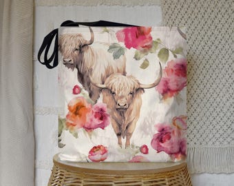 Highland Cow Tote Bag: Scottish Cattle & Floral Design