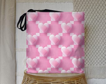 Pink Heart Print Tote Bag: Eco-Friendly Polyester Shopping Bag
