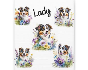 Personalized Australian Shepherd Canvas Print, Floral Dog Portrait