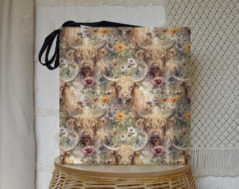 Highland Cow Tote Bag: Scottish Cattle Floral Design