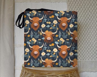 Floral Highland Cow Tote Bag - Rustic Shoulder Bag