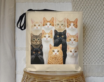 Cat Faces Tote Bag, Polyester Shopping Carryall