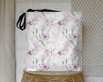Purple Floral Tote Bag: Watercolor Garden Print, Reusable Shopping Bag