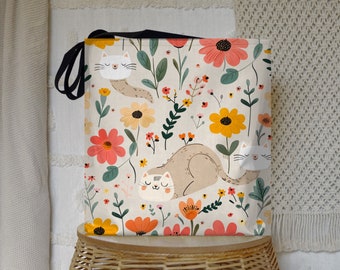 Floral Cat Print Tote Bag, Whimsical Polyester Shopping Bag