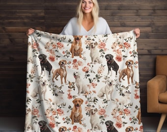 Watercolor Labrador Dogs Blanket | Floral Puppy Pattern Velveteen