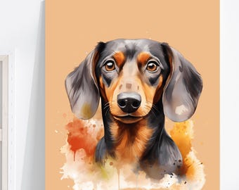 May include: A watercolor painting of a dachshund dog with brown and black fur. The dog is looking directly at the viewer with a gentle expression. The background is a light orange color with watercolor splatters in shades of orange, yellow, and white.