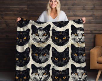Ornate Black Cat Blanket, Whimsical Feline Design