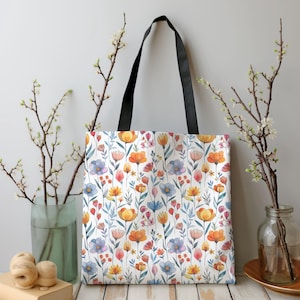 Watercolor Floral Tote Bag: Bright Vivid Flowers, Shopping Carryall