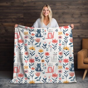 Velveteen Microfiber Blanket, Floral Colorful Cat Blanket, Soft Cozy Throw for Cat Lovers, Lightweight Blankie for Couch Snuggling