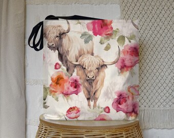 Highland Cow Tote Bag: Scottish Cattle & Floral Design