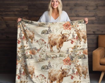 Highland Cow Velveteen Blanket: Scottish Cattle Fleece Throw