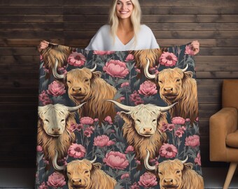 Floral Highland Cow Blanket: Velveteen Microfiber, Cozy Home Decor