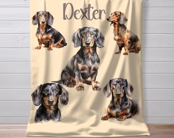 May include: A beige blanket featuring watercolor illustrations of dachshunds in various poses. The name "Dexter" is written in a brown script font at the top. The blanket is hanging on a wooden rod against a white wood-paneled wall.