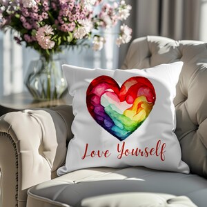 Love Yourself Rainbow Heart Pillow, Rainbow Gay Pride Gift, Celebrate Gay Pride With Colorful Pillow, Gift For Gay Couple, Love Is Love
