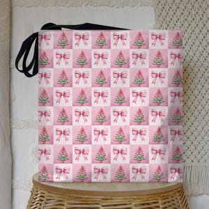 Coquette Bow and Tree Checkered Christmas Tote Bag, Holiday Shopping Bag, Festive Carryall, Gift for Her, Winter Fashion Accessory, Seasonal