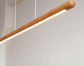 Round Pendant Light, Linaer Modern Chandelier, Wood Suspension Light for Dining Room, Rustic Hanging Lamp