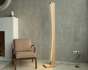 Modern Oak Arc LED Floor Lamp: Handmade Scandinavian Design with Remote Control - Unique Lighting