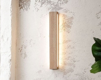 Handcrafted Linear Wood Wall Sconce: Modern LED Plug-in Lamp for Bedroom, Living Room & Bathroom