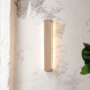 Handcrafted Linear Wood Wall Sconce: Modern LED Plug-in Lamp for Bedroom, Living Room & Bathroom