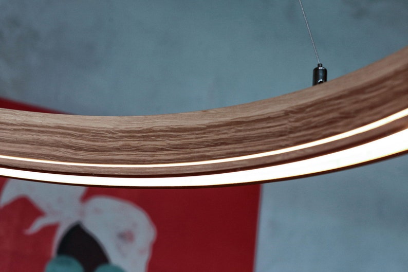 Wood pendant light from solid oak. This pendant lamp is perfect for a kitchen island, living room, bedroom. Scandinavian ceiling light with professional LED strip