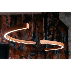 Curved Oak LED Chandelier: Scandinavian Linear Pendant Light