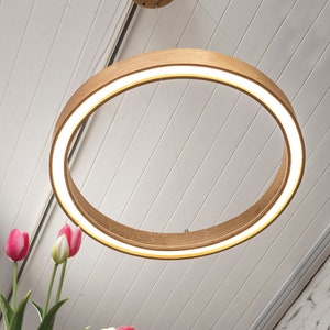 Wood pendant light from solid oak. This pendant lamp is perfect for a kitchen island, living room, bedroom. Scandinavian ceiling light with professional LED strip
