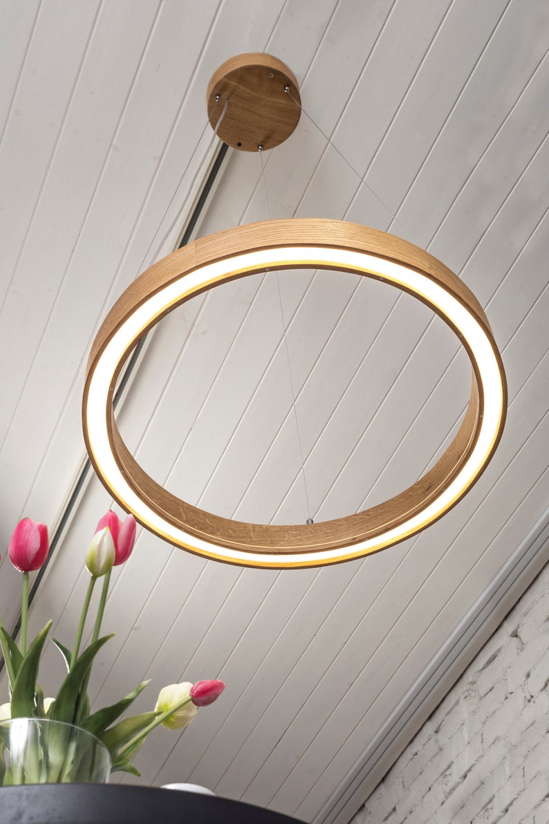 Wood pendant light from solid oak. This pendant lamp is perfect for a kitchen island, living room, bedroom. Scandinavian ceiling light with professional LED strip