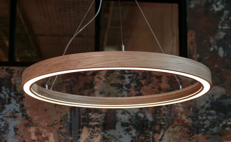 Wood pendant light from solid oak. This pendant lamp is perfect for a kitchen island, living room, bedroom. Scandinavian ceiling light with professional LED strip