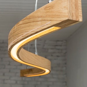 Wood pendant light from solid oak. This pendant lamp is perfect for a kitchen island, living room, bedroom. Scandinavian ceiling light with professional LED strip