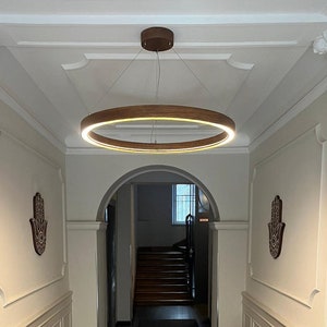 Wood Pendant round light, Unique pendant lamp for living, dining room, Modern ceiling light fixture, Scandinavian pendant lamp, Hanging lamp image 3