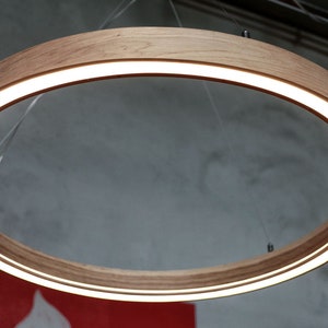 Wood pendant light from solid oak. This pendant lamp is perfect for a kitchen island, living room, bedroom. Scandinavian ceiling light with professional LED strip