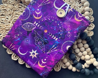 ready to ship! Purple Celestial Moon Book Sleeve, Purple Galaxy Book Cover, Padded Book Sleeve, Purple Moon Book Sleeve, Book Buddy, Book