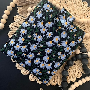 iPad Sleeve, Blue Black Daisy Embroidered Padded Protective eReader Cover Button Snap Closure Soft Custom Fit Handmade Stitched Fabric Pouch