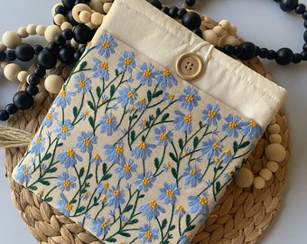 Blue Beige Daisy Book Sleeve with Pocket, Embroidered Book Cover, Flower Book Pouch, Padded Book Tablet Sleeve Protector Fabric Book Jacket