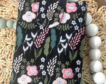 Embroidered Black Lavender Floral Book sleeve, Kindle sleeve, table sleeve, bible sleeve, ereader sleeve, ipad sleeve, kobo sleeve,book gift