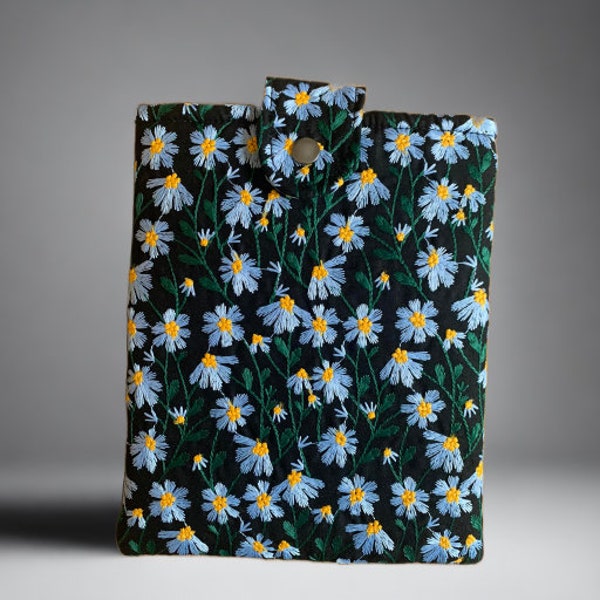 iPad Sleeve, Blue Black Daisy Embroidered Padded Protective eReader Cover Button Snap Closure Soft Custom Fit Handmade Stitched Fabric Pouch