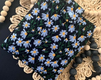 Blue Black Daisy Embroidered Book Sleeve, Padded Case, Protective Cover, Soft Handmade Colorful Stylish Fabric Book Gift