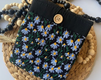 Blue Black Daisy Book Sleeve with Pocket, Embroidered Book Cover, Flower Book Pouch,  Padded Book Tablet Sleeve Protector Fabric Book Jacket