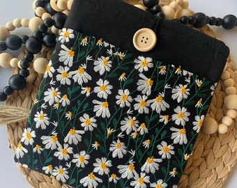 White Black Daisy Book Sleeve with Pocket, Embroidered Book Cover, Flower Book Pouch, Padded Book Tablet Sleeve Protector Fabric Book Jacket