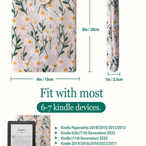 K&ouml;nnte beinhalten: Eine Kindle E-Reader-H&uuml;lle mit floralem Muster in Wei&szlig; und Gr&uuml;n mit Knopfverschluss. Die H&uuml;lle misst 15 cm x 20 cm. Die H&uuml;lle ist kompatibel mit Kindle Paperwhite 2018/2015/2013/2012, Kindle Kids (11. Generation) 2022, Kindle (11. Generation) 2022, Kindle 2019/2016/2014/2012/2011, Kindle Paperwhite (11. Generation) 2021 und Kindle Paperwhite Kids (11. Generation) 2021.