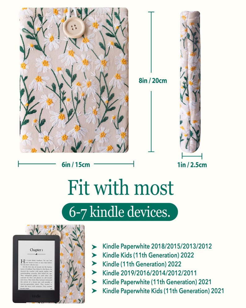 K&ouml;nnte beinhalten: Eine Kindle E-Reader-H&uuml;lle mit floralem Muster in Wei&szlig; und Gr&uuml;n mit Knopfverschluss. Die H&uuml;lle misst 15 cm x 20 cm. Die H&uuml;lle ist kompatibel mit Kindle Paperwhite 2018/2015/2013/2012, Kindle Kids (11. Generation) 2022, Kindle (11. Generation) 2022, Kindle 2019/2016/2014/2012/2011, Kindle Paperwhite (11. Generation) 2021 und Kindle Paperwhite Kids (11. Generation) 2021.