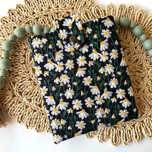 White Black Daisy Embroidered book sleeve, kindle sleeve, ereader sleeve,  floral book sleeve, ipad sleeve, bible cover, book protector