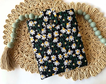 White Black Daisy Embroidered book sleeve, kindle sleeve, ereader sleeve,  floral book sleeve, ipad sleeve, bible cover, book protector