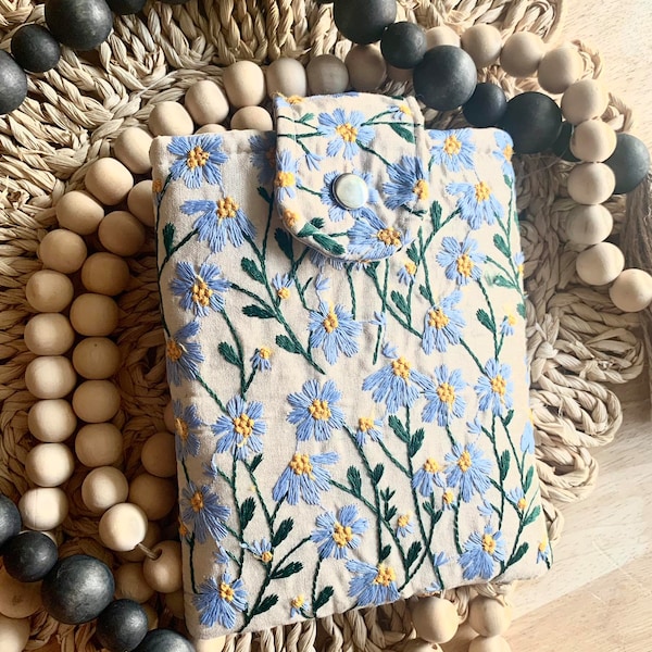 Blue Beige Daisy Embroidered book sleeve, kindle sleeve, ereader cover, iPad sleeve, Book Gift, book pouch, book buddy