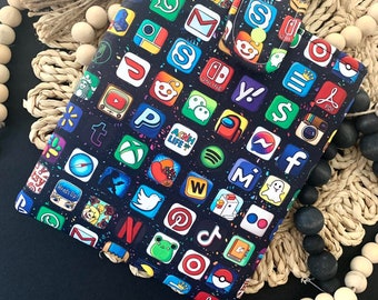Ready to ship! Apps Book Sleeve, Iphone Apps Padded book sleeve, kindle sleeve, ipad cover, book buddy, EReader Sleeve, Ipad Padded Case