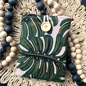 Boho Monstera leaves book sleeve, kindle sleeve, ereader sleeve, ipad mini sleeve, book cover, bible cover, padded pouch