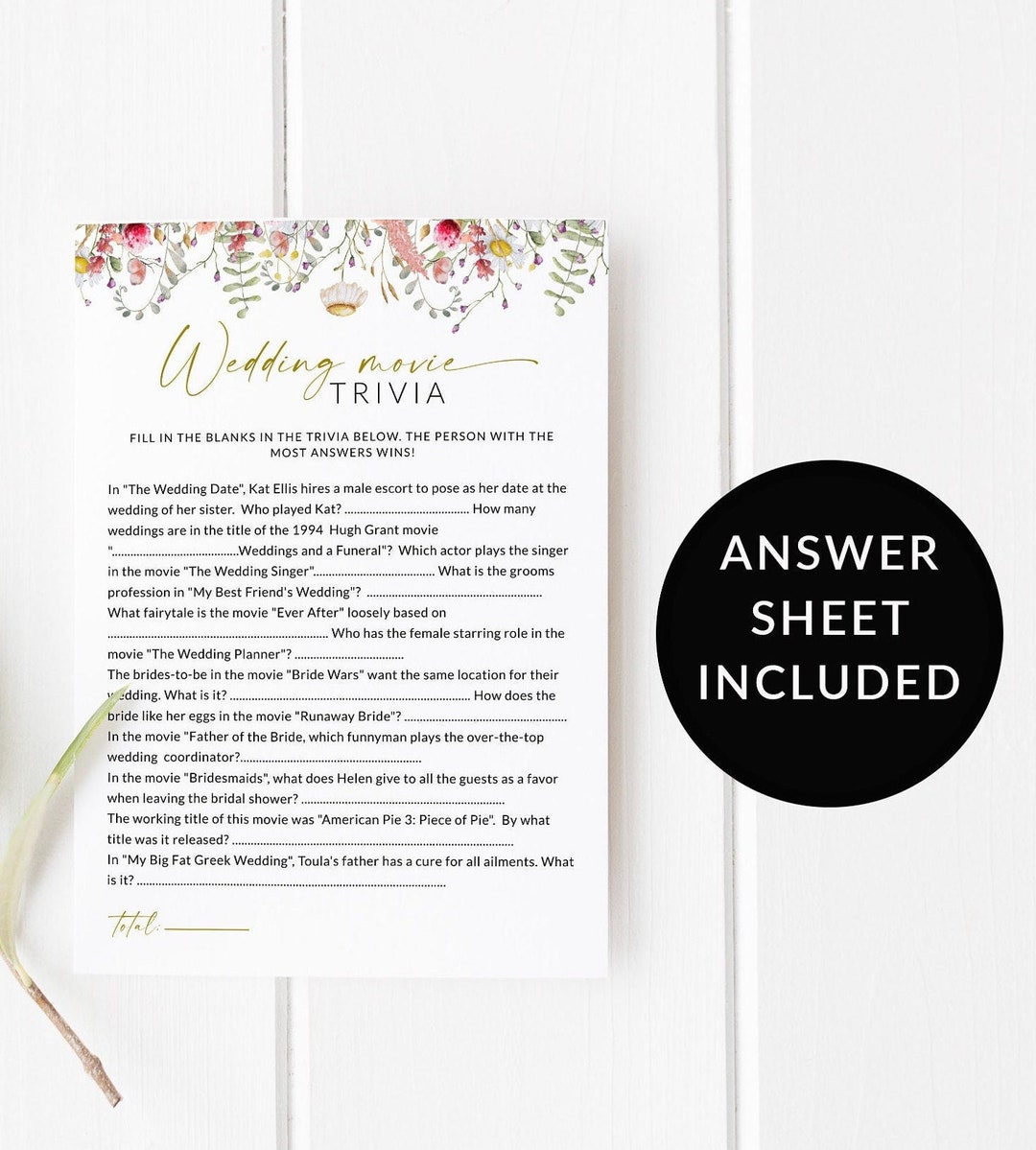 Bridal Shower Game, Wedding Movie Trivia, Wildflower Bridal Shower