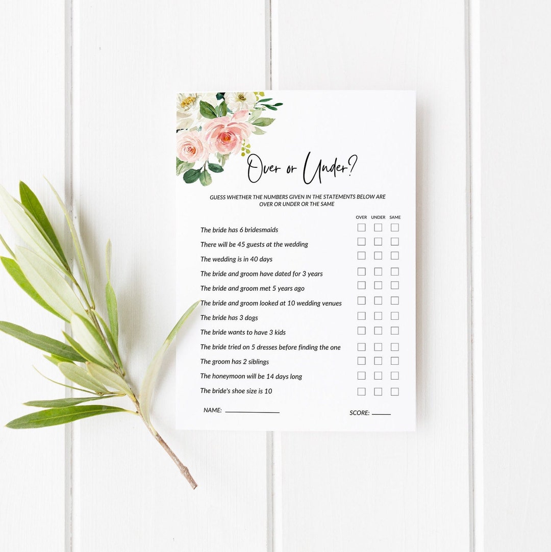 Over Under Bridal Shower Game Questions Modern Bridal Shower Etsy